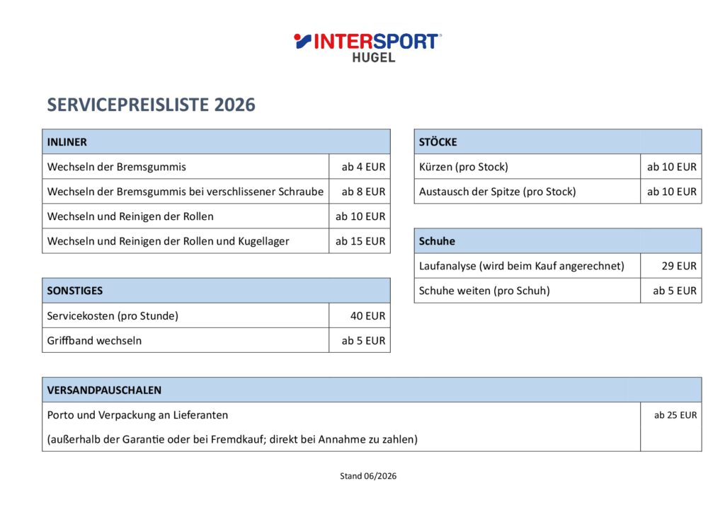 servicepreisliste 2026 quer